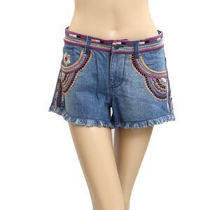Sundance Tribal Floral Embroidered Denim Mini Shorts Beaded Mirror XS New 283150
